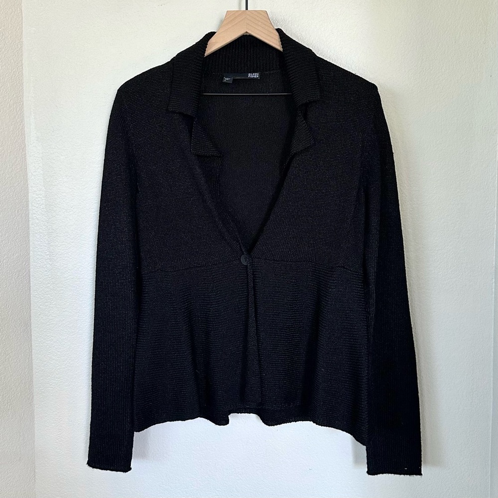 EILEEN FISHER S Silk Blend One Button Textured Cardigan Sweater Blazer in Black